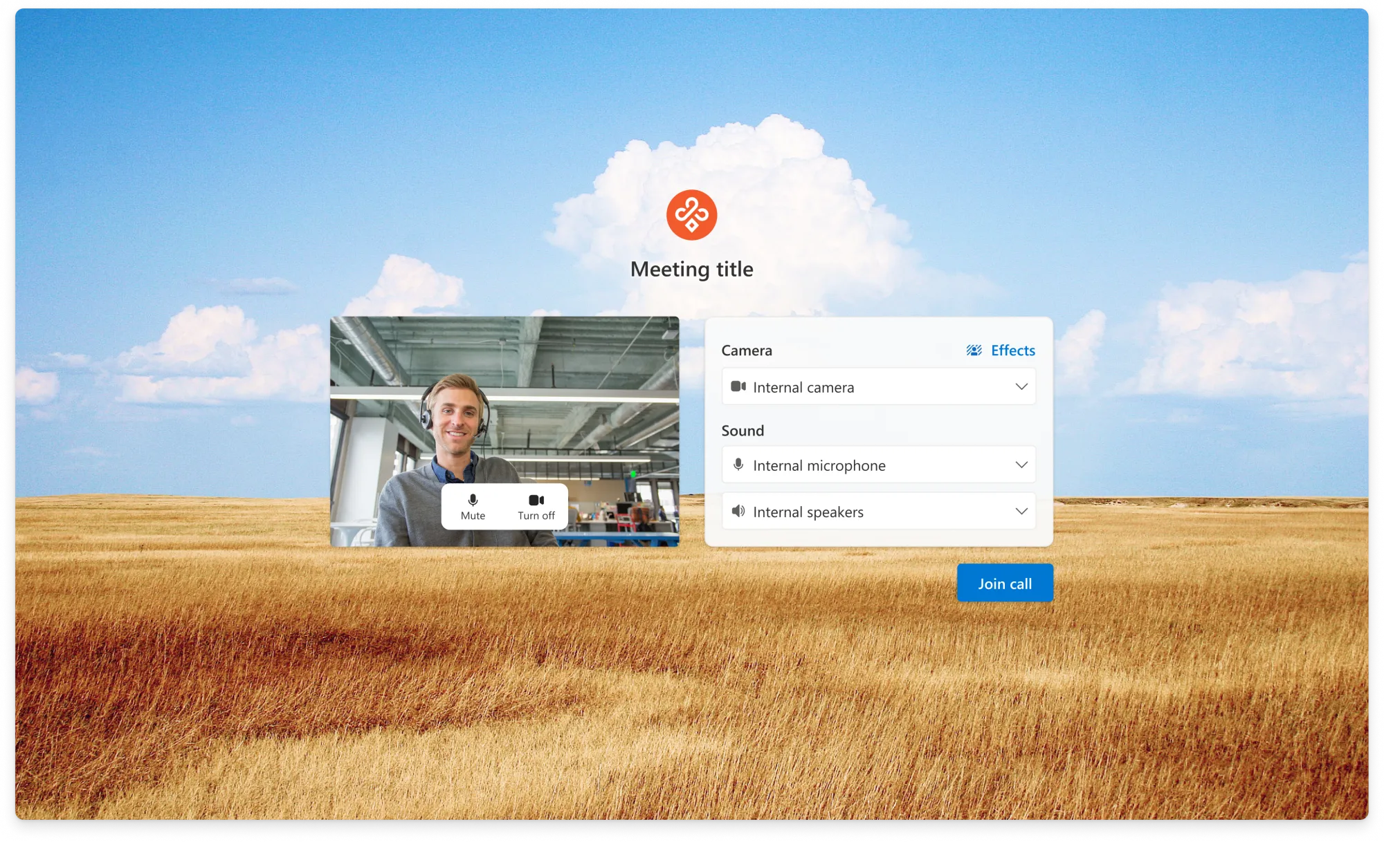 Pre-call device setup screen themed with a customer's logo and background image