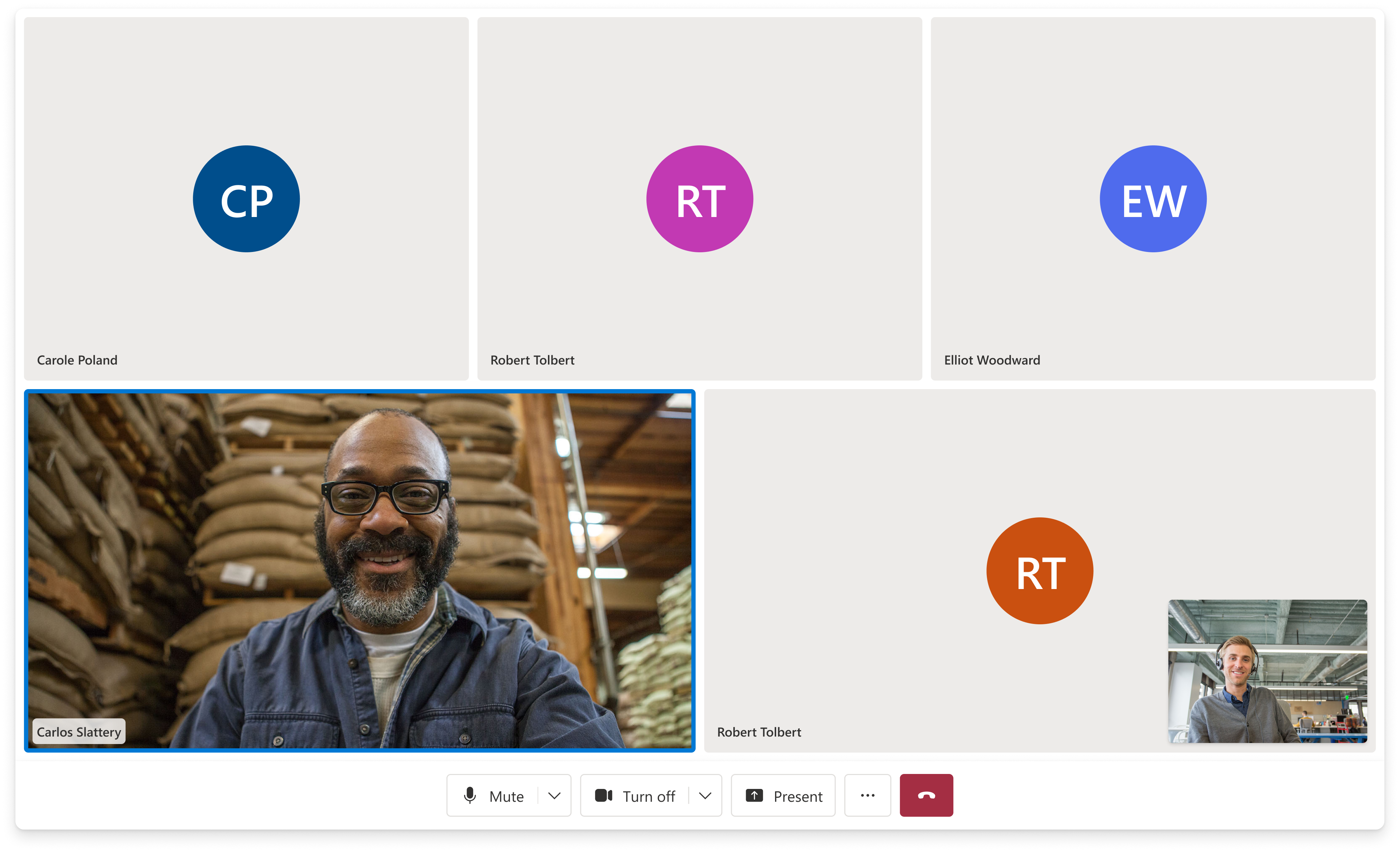 ACS UI Library — video gallery with five participants in an active call