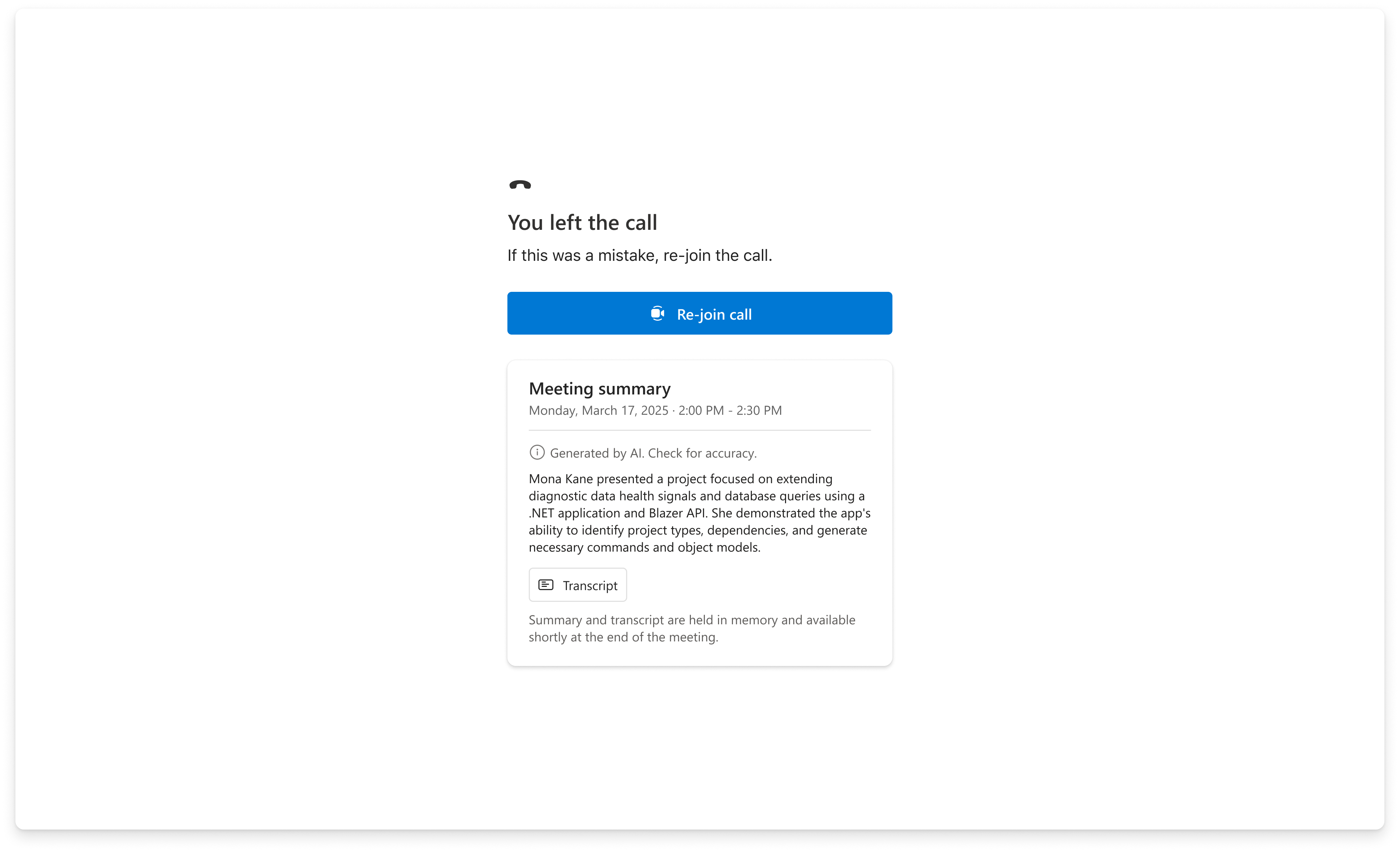 Post-call view — generated summary with full transcript accessible below