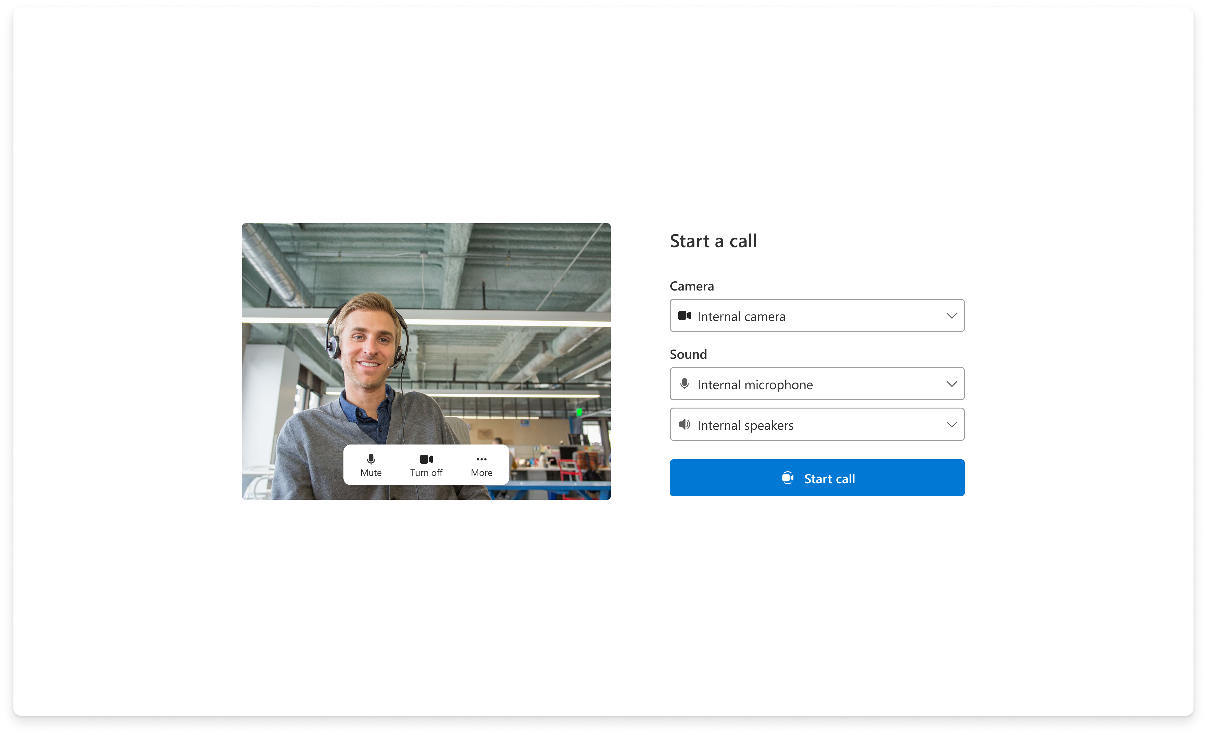 Pre-call device setup — camera and mic selection