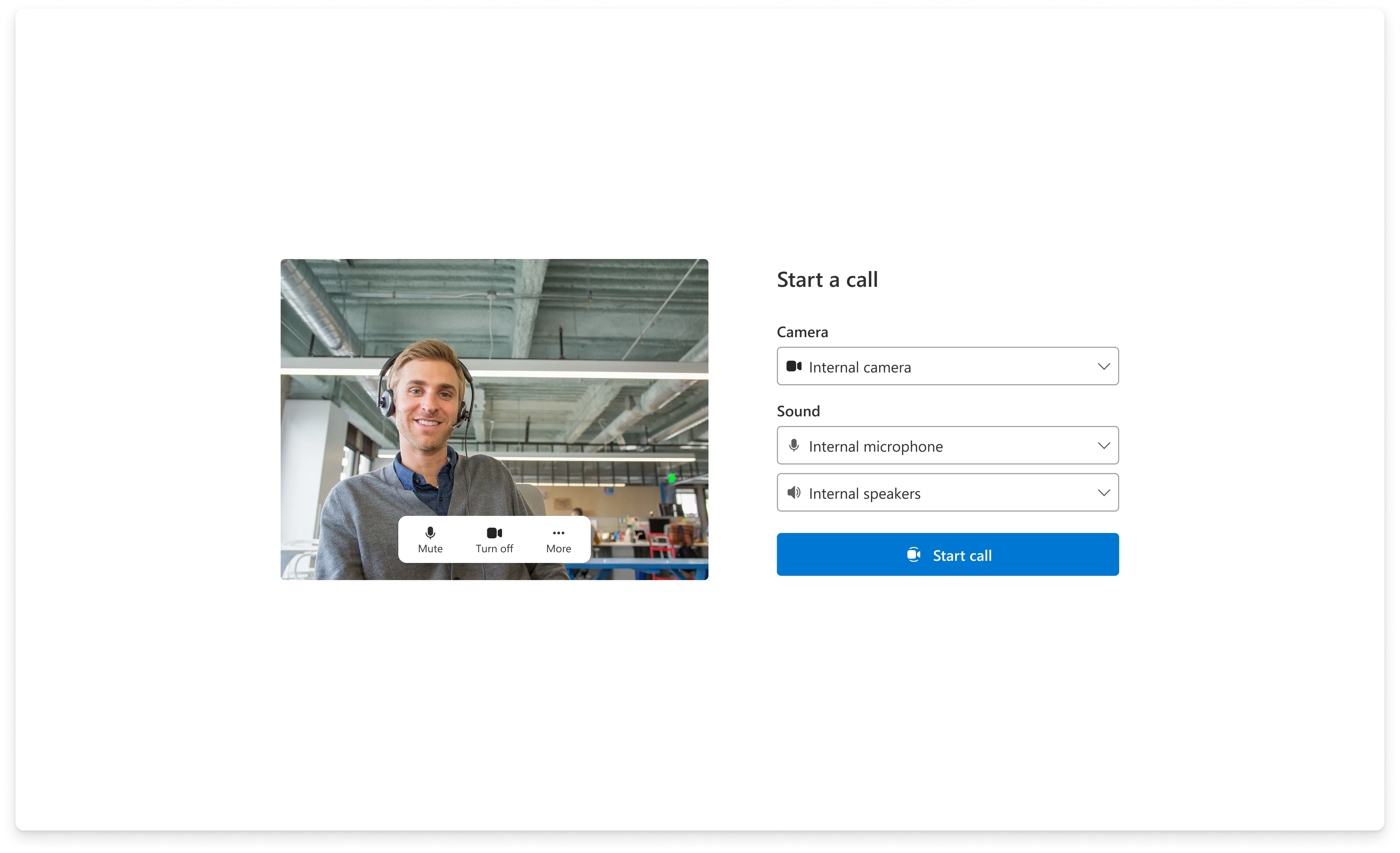 Pre-call screen — camera and audio setup