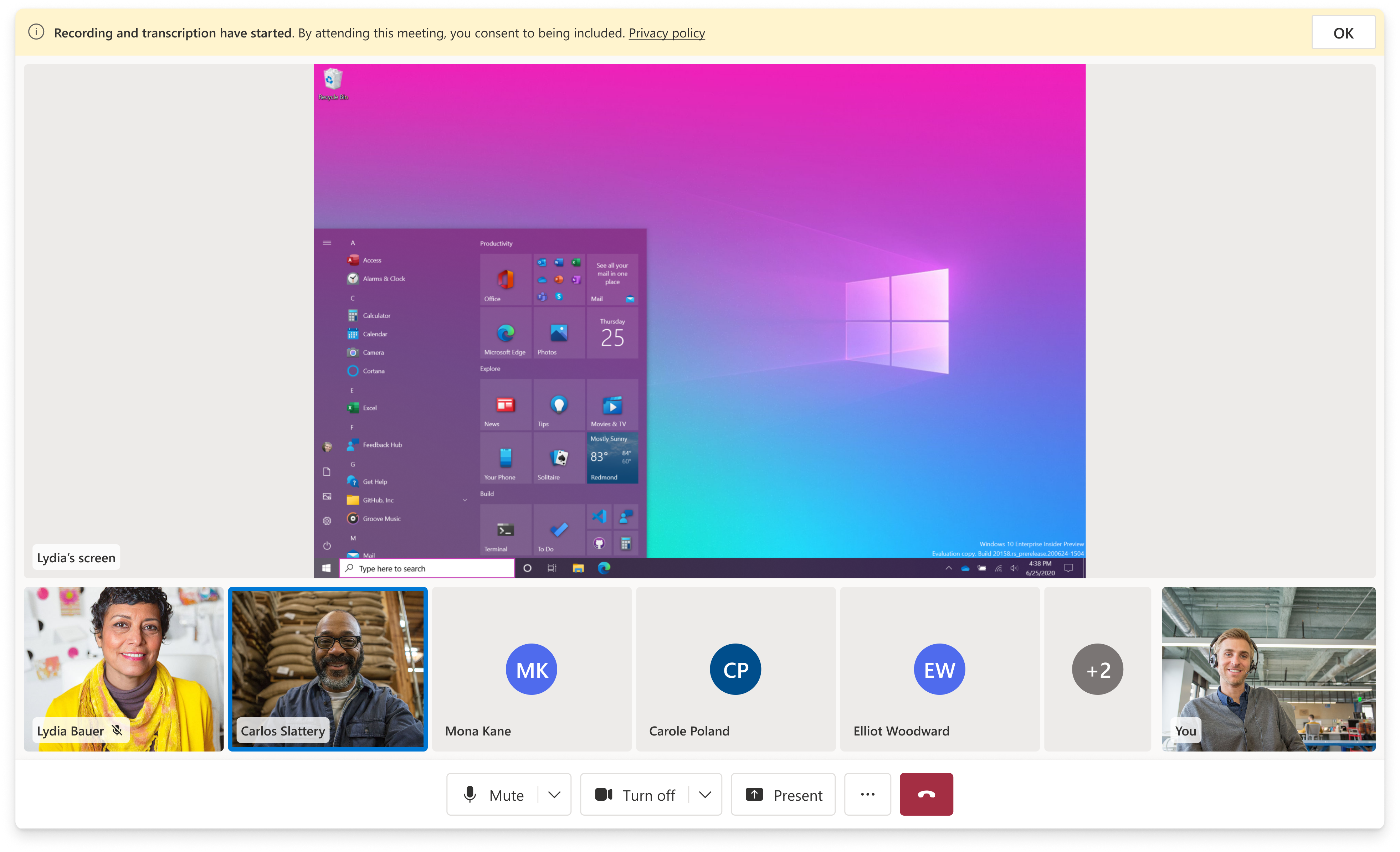 Recording and transcription active in call