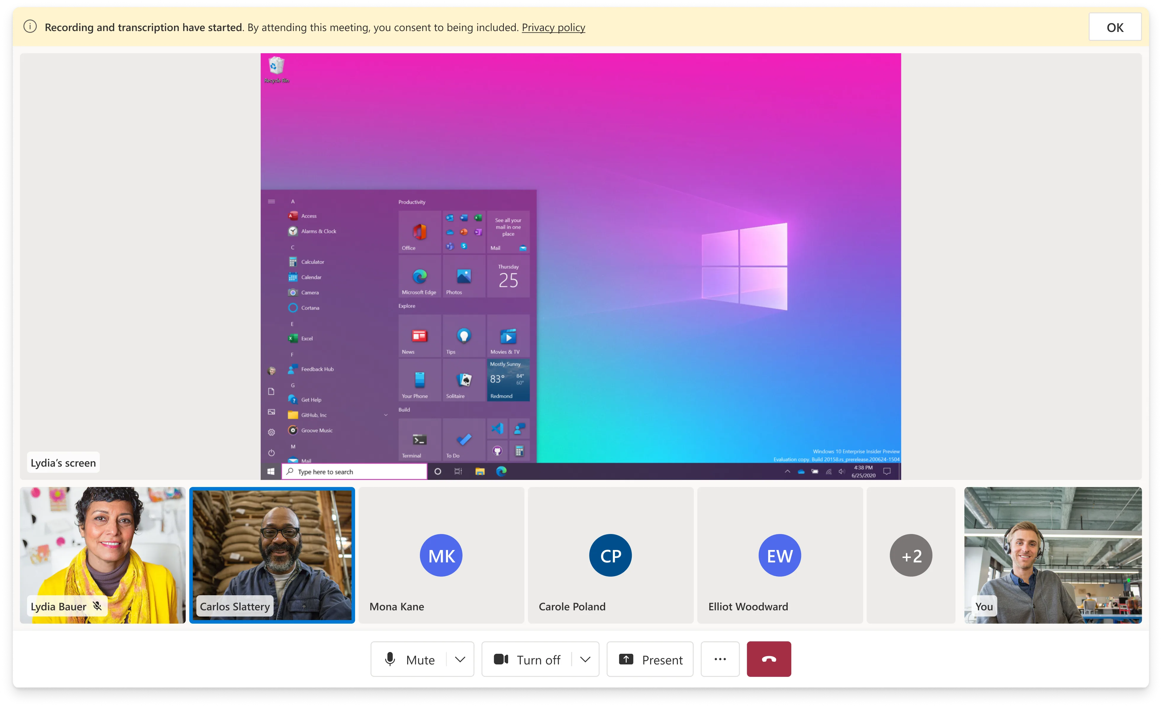 Recording and transcription active — in-call indicator states