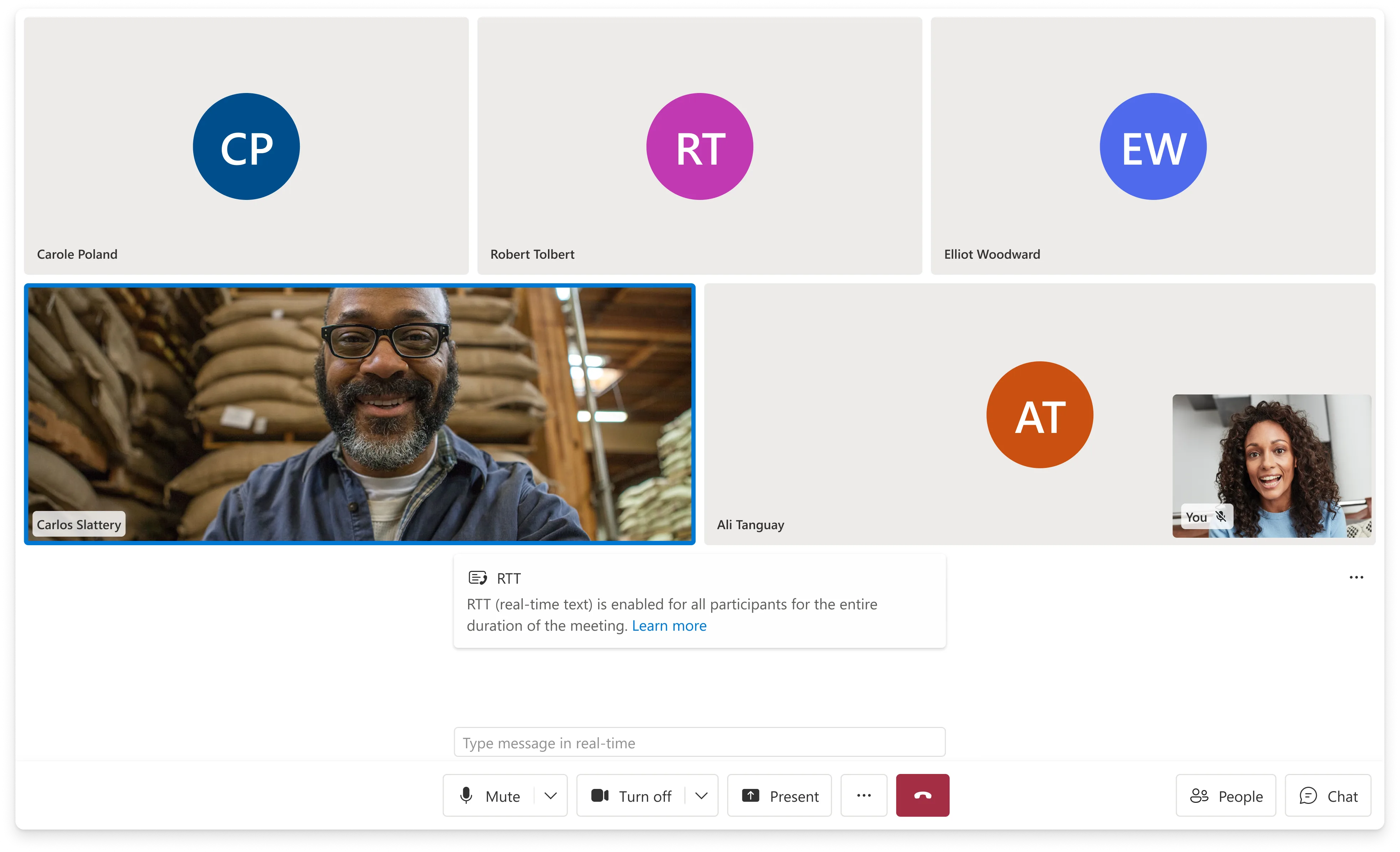 RTT panel during an active call — live character-by-character text