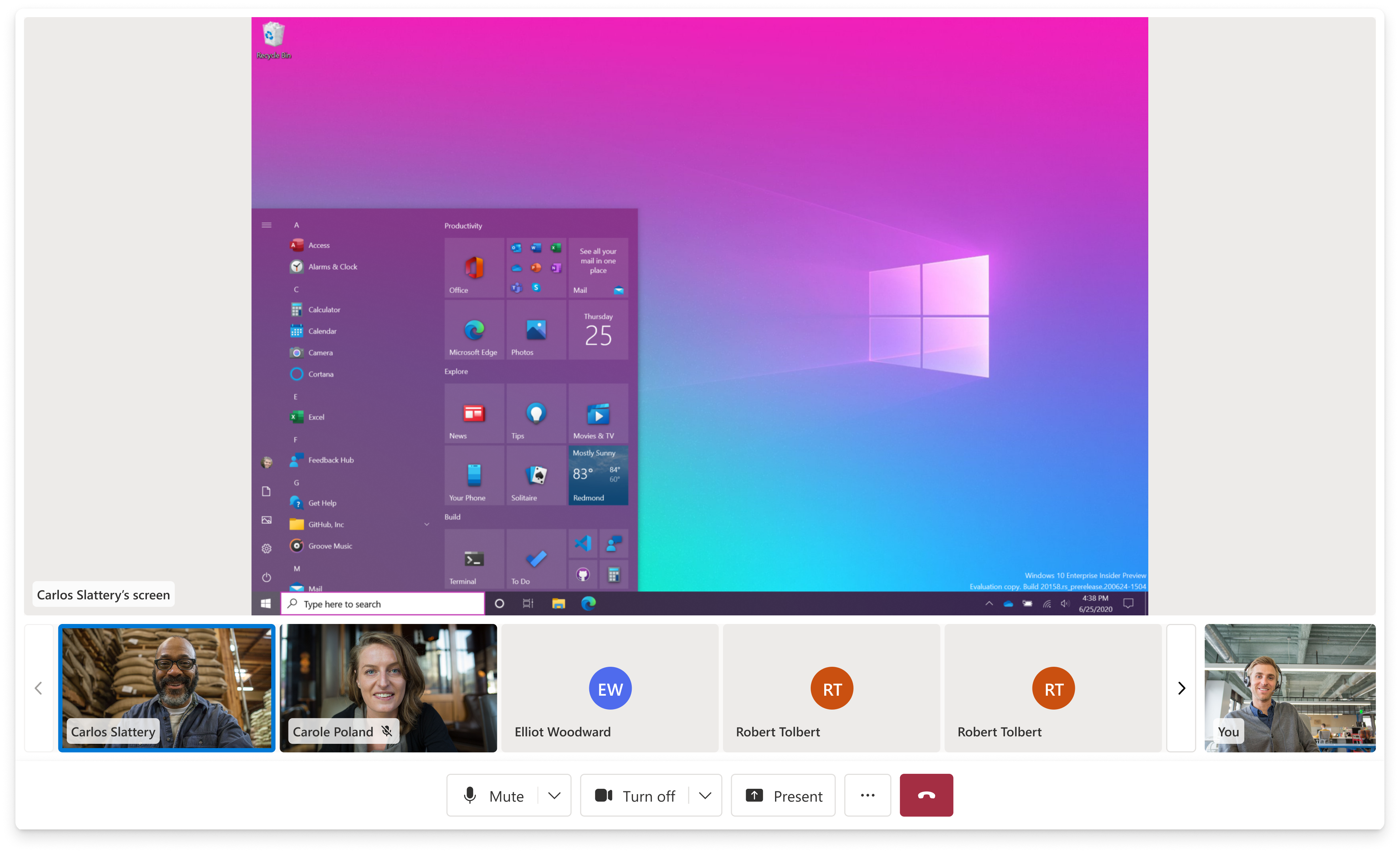 Screenshare active — content pinned in gallery with participant tiles