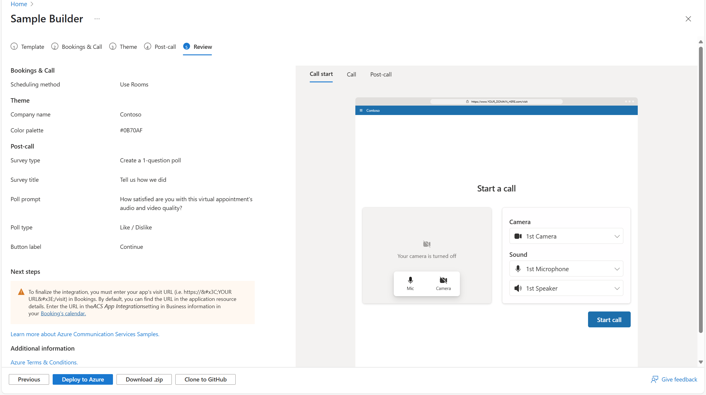 Sample Builder — configuration wizard with live preview panel showing a virtual appointment experience