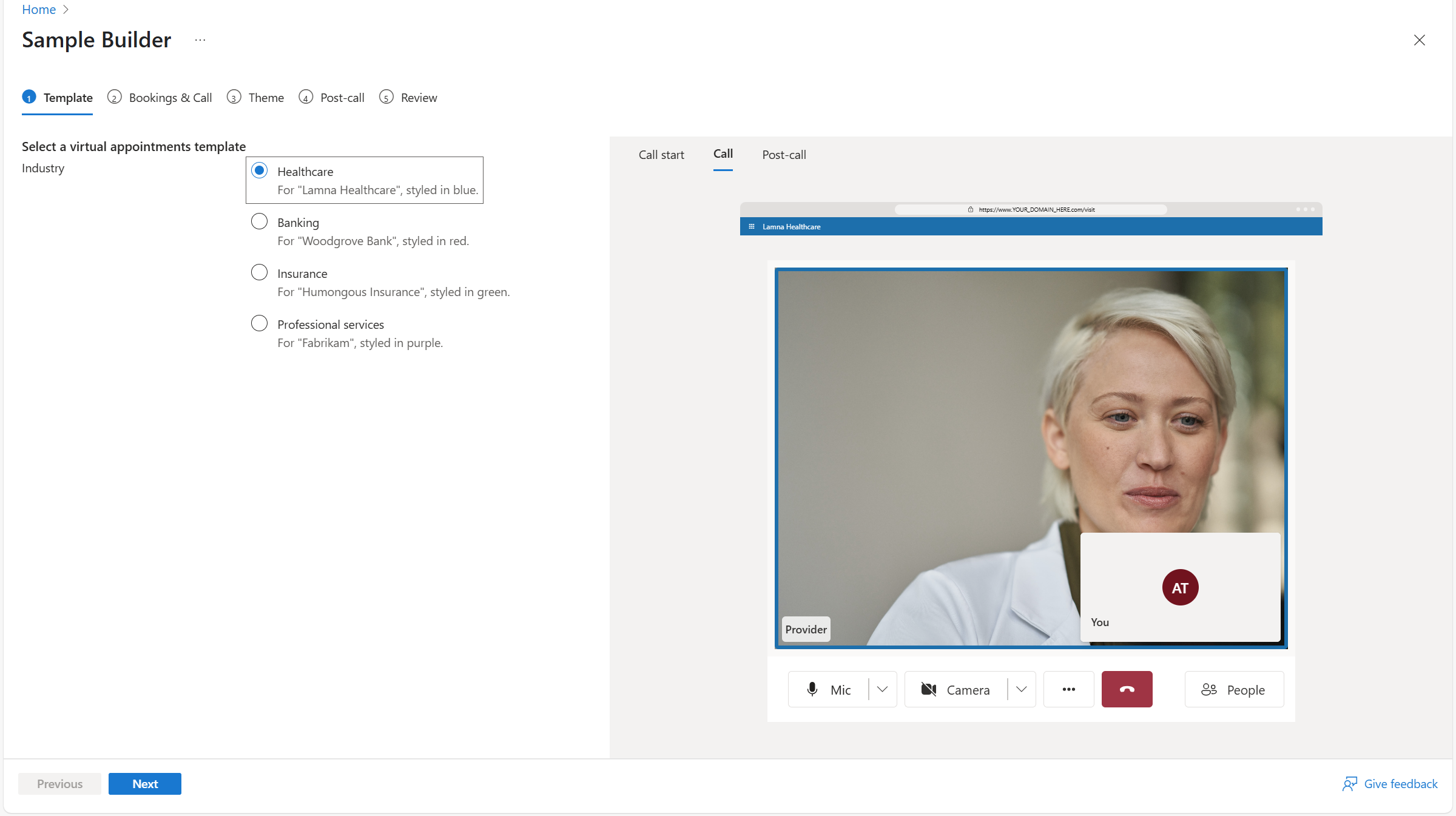 Sample Builder — theming step with color and branding customization