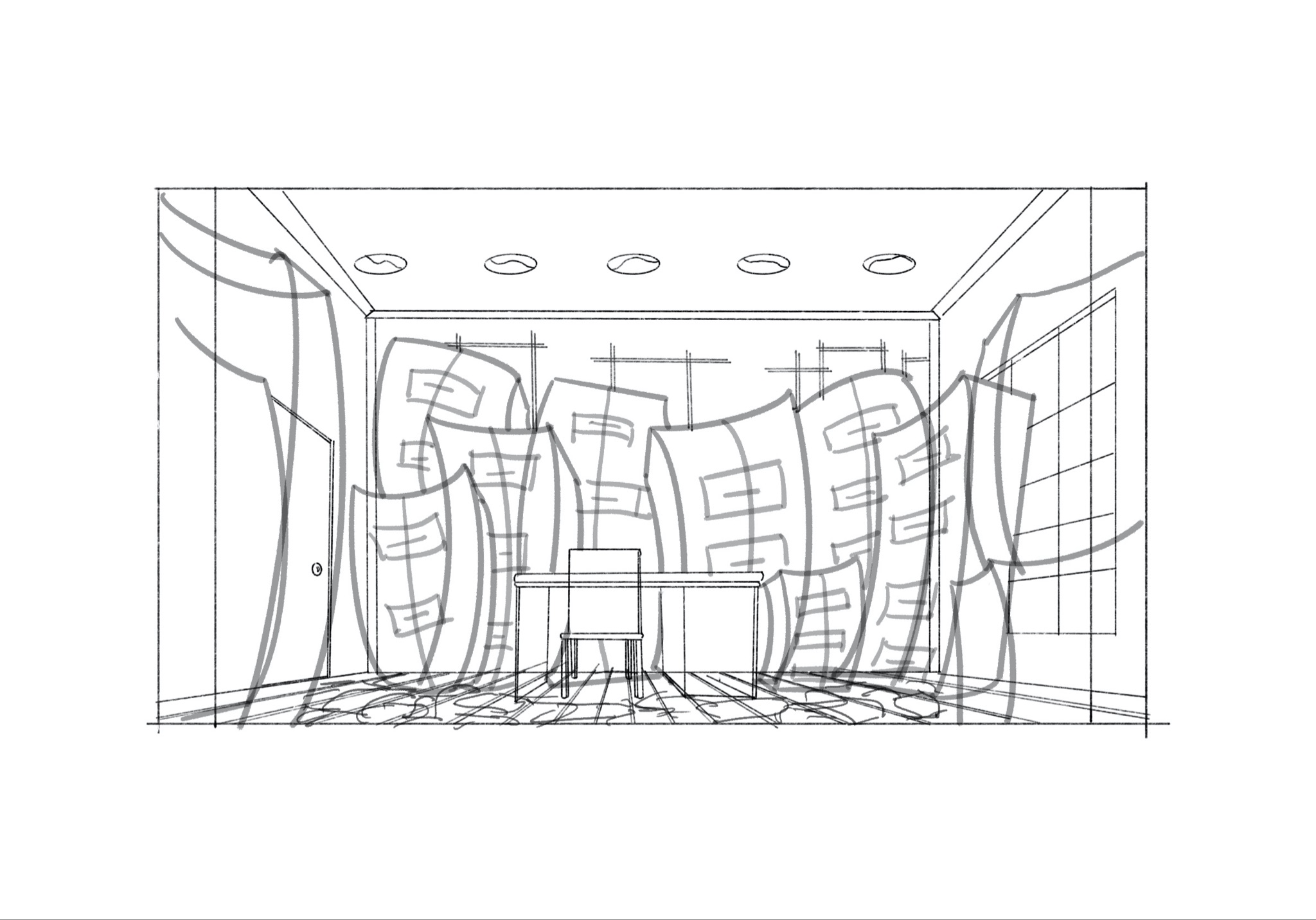 Sketch: architectural interior perspective with layered augmented text overlaid on walls and floor
