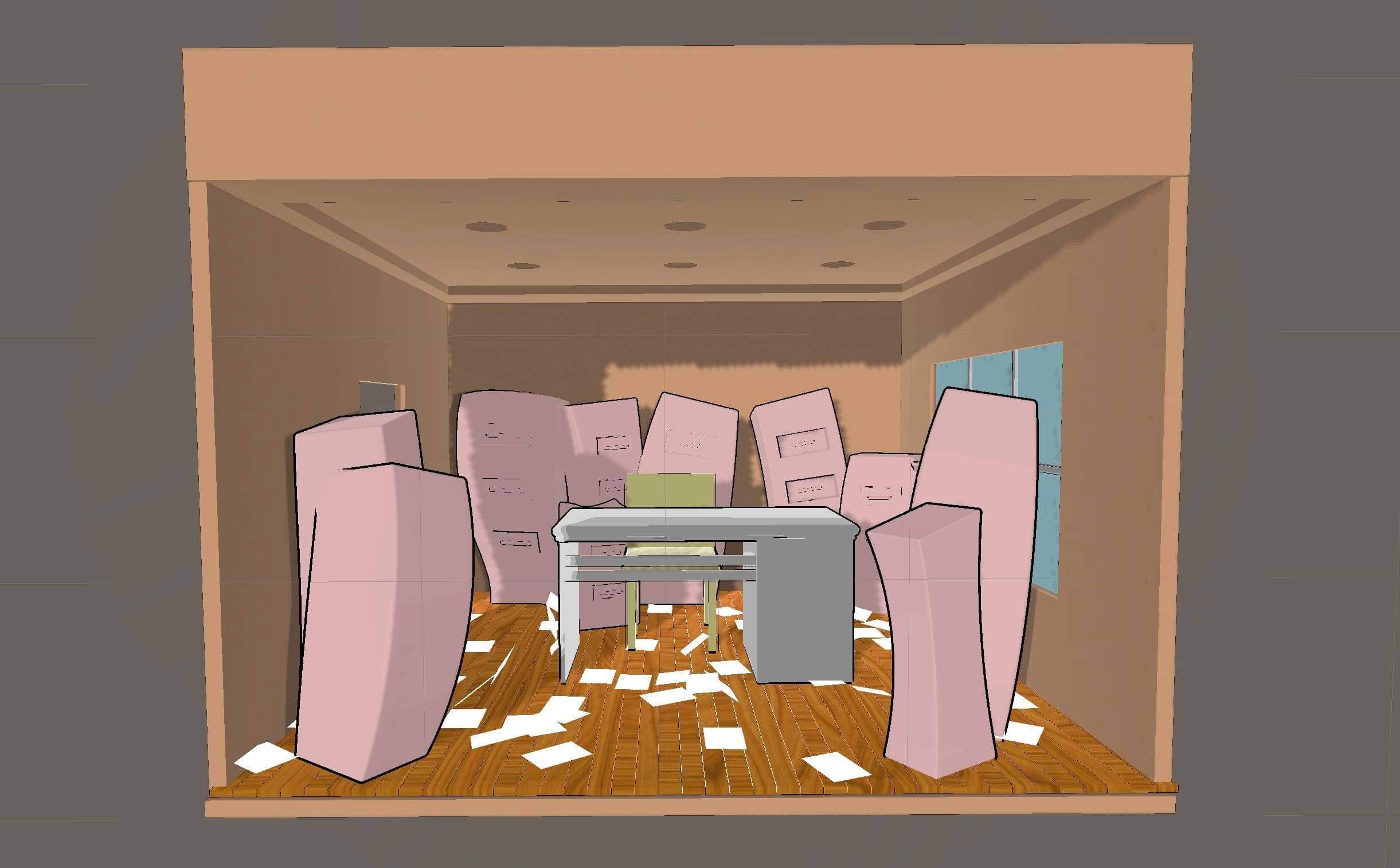Early 3D concept render: chaotic office interior with toppled filing cabinets — the first prototype's virtual content