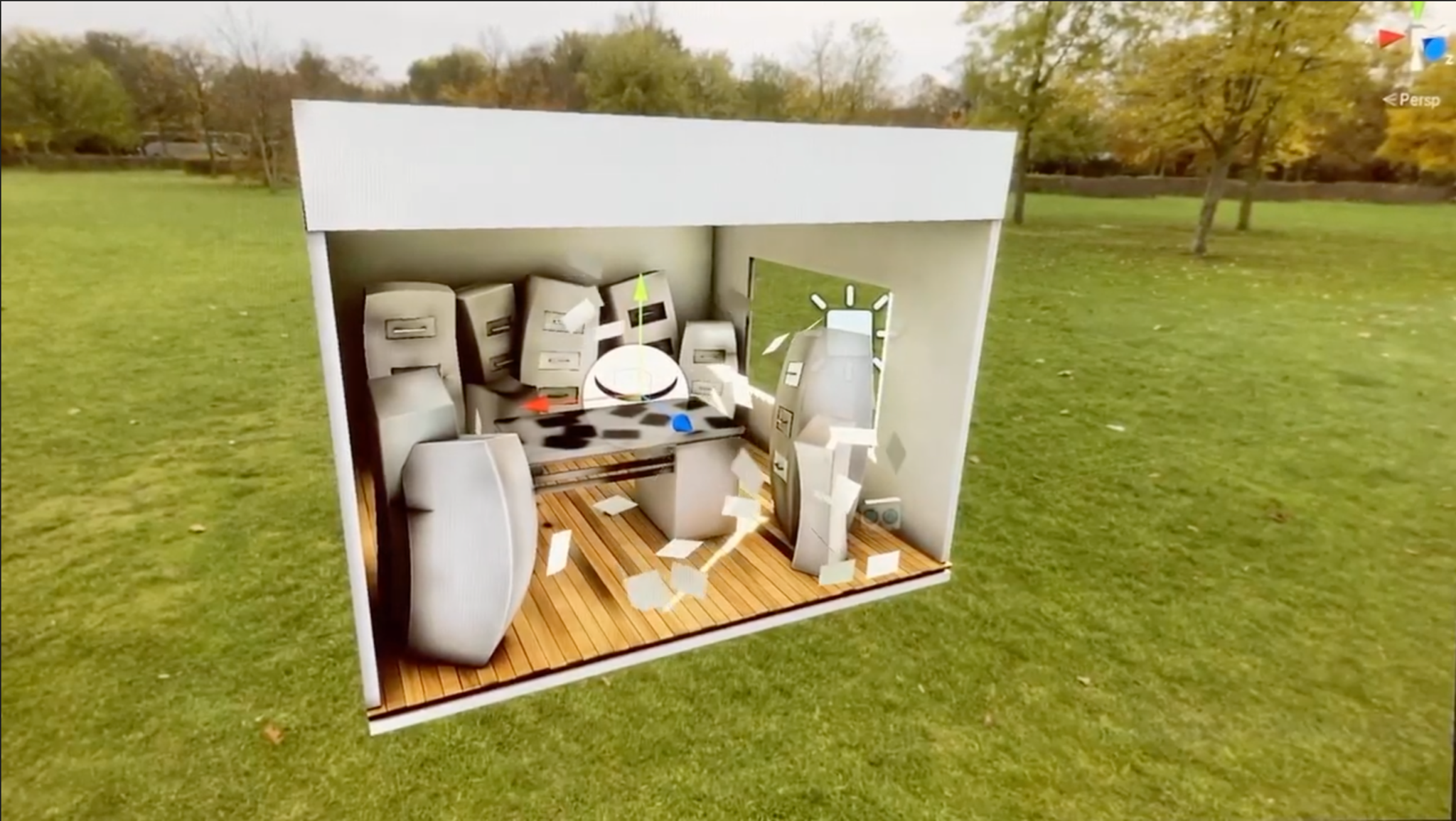 AR content visible through physical box in outdoor setting — early 3D masking test with virtual interior outdoors