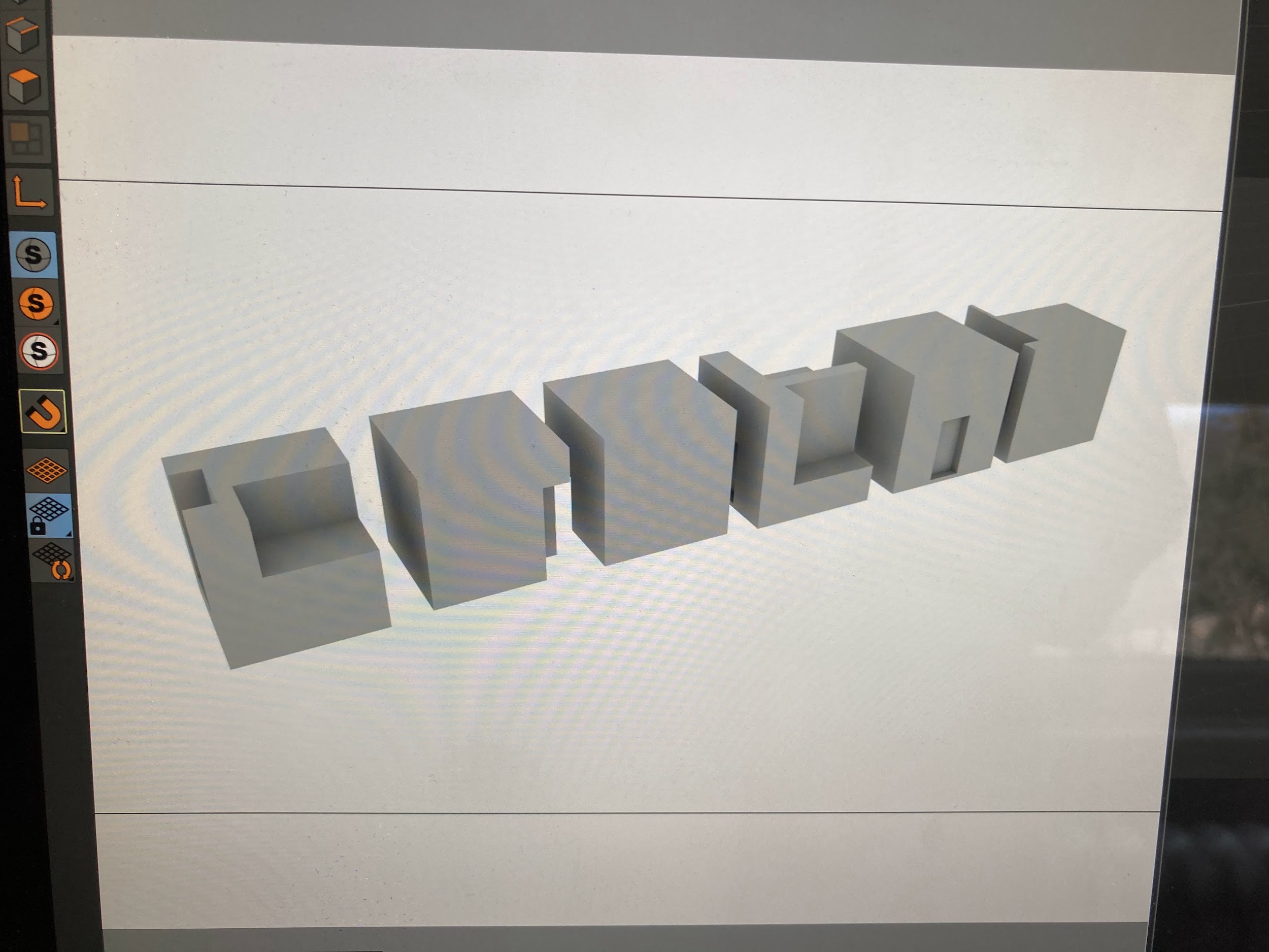 Cinema 4D: cube forms with window and door cutouts being modeled for physical fabrication