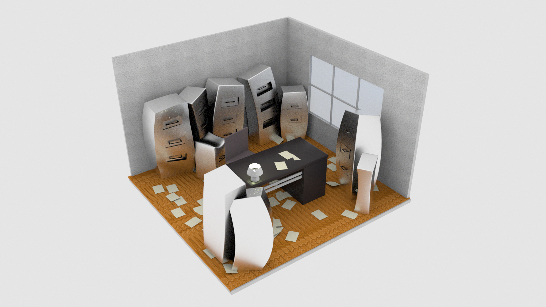 3D render: isometric view of the chaotic office room concept in grayscale — early layout exploration