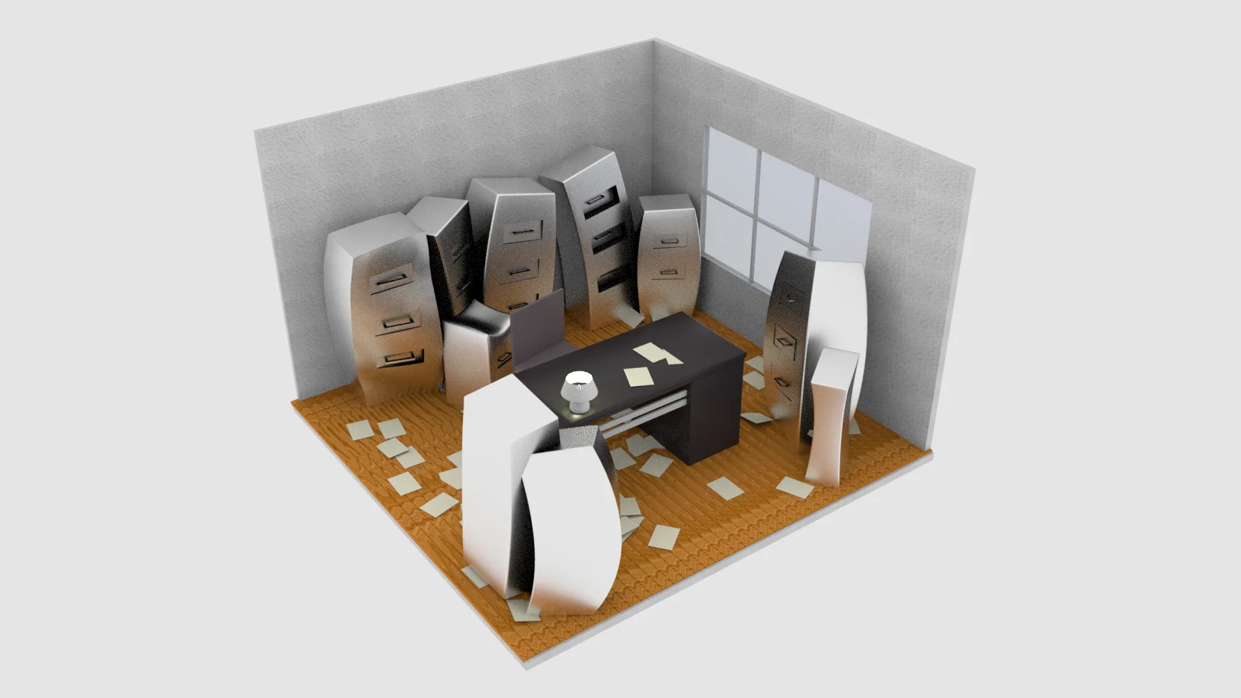 A rendered virtual office interior — the content the camera swaps in during 3D masking