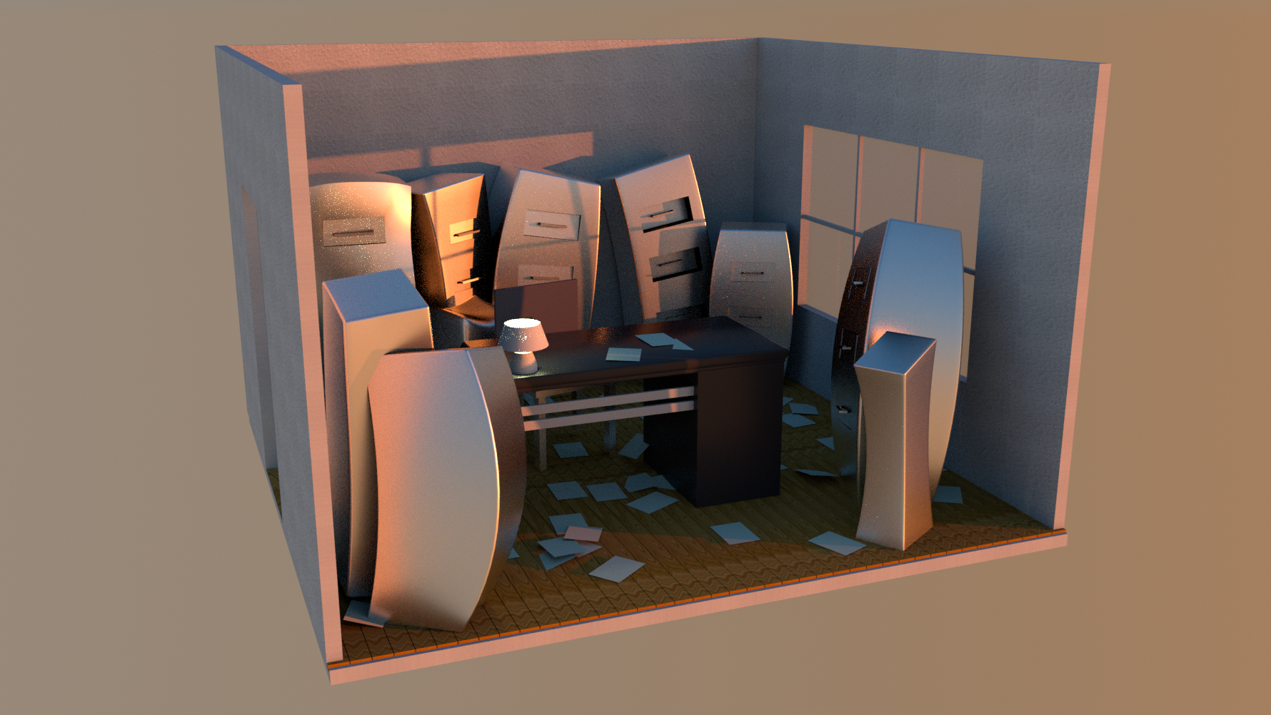 3D render: warm-lit office room with toppled furniture — refined material and lighting pass