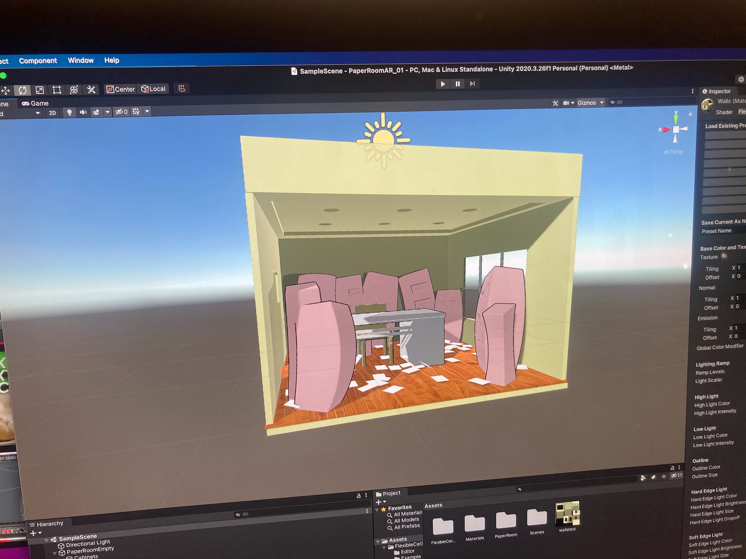 Unity editor: cel-shaded office scene in development — the virtual room that would go inside the first cube