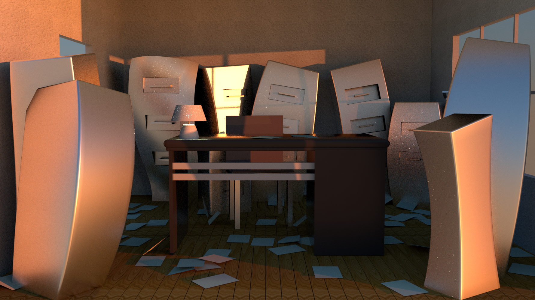 3D render: close-up inside the office room — warm directional light with scattered papers