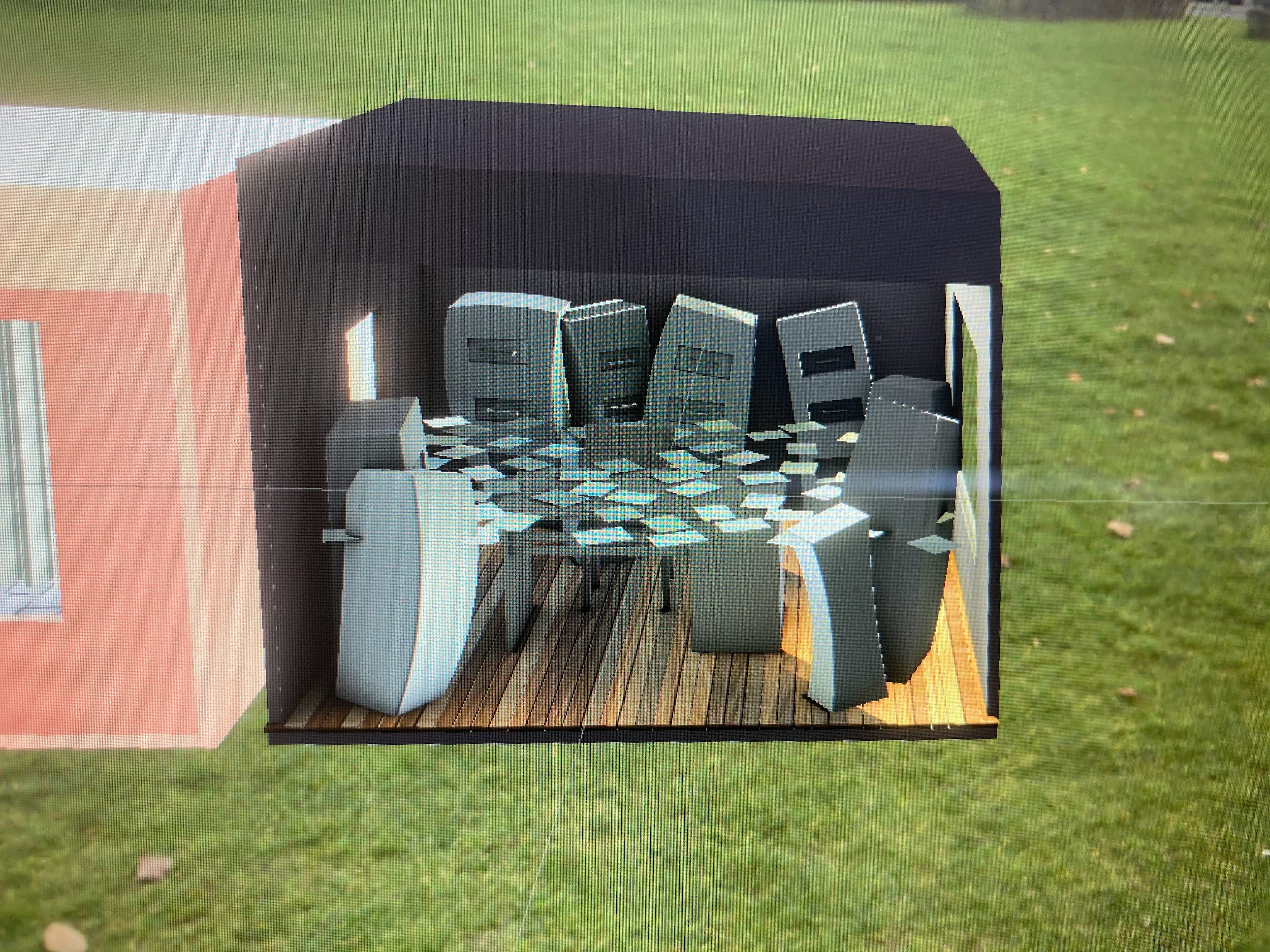 AR 3D masking: dark office scene visible through physical box placed outdoors