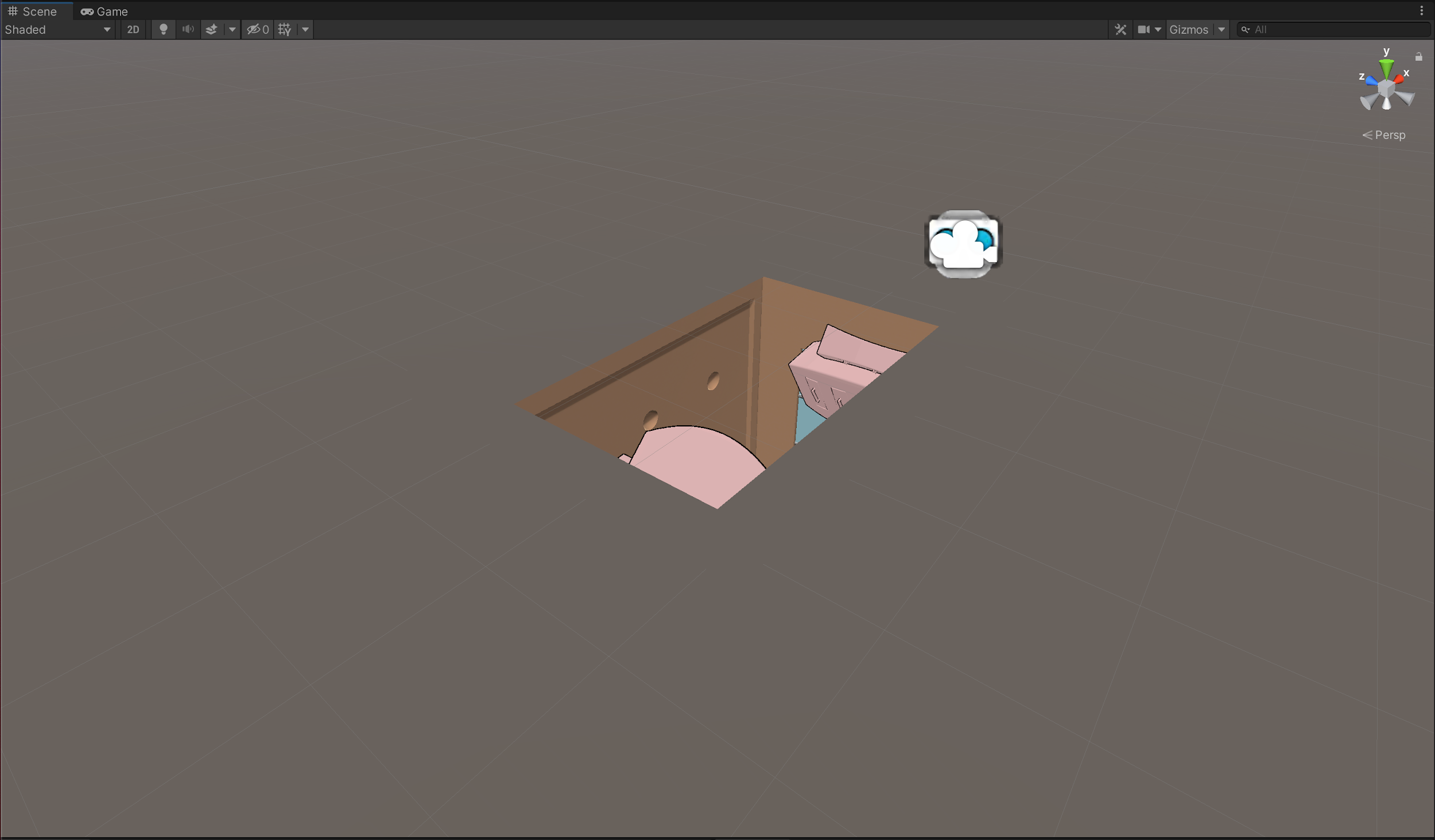 Unity editor: early flat-geometry 3D masking model — cube with simple interior cutout