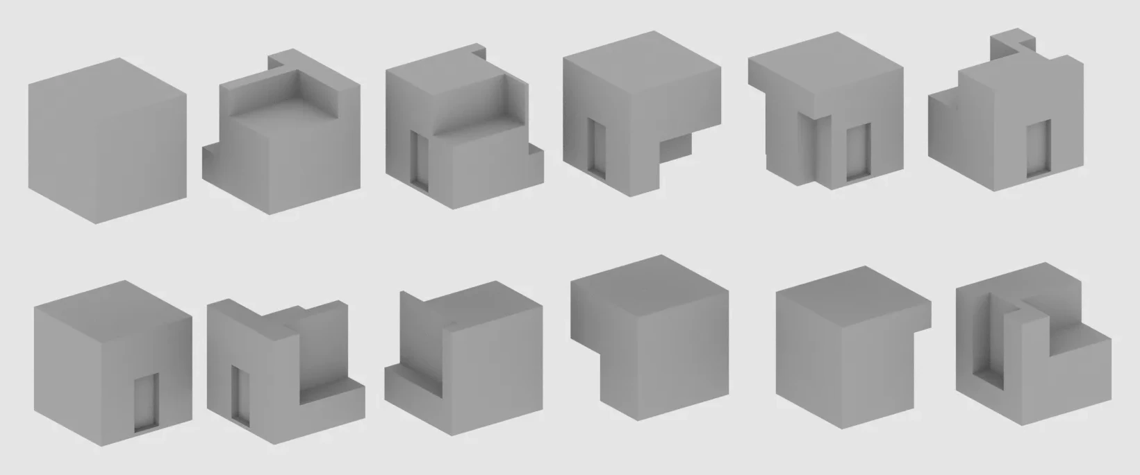 Twelve cube form iterations rendered in 3D