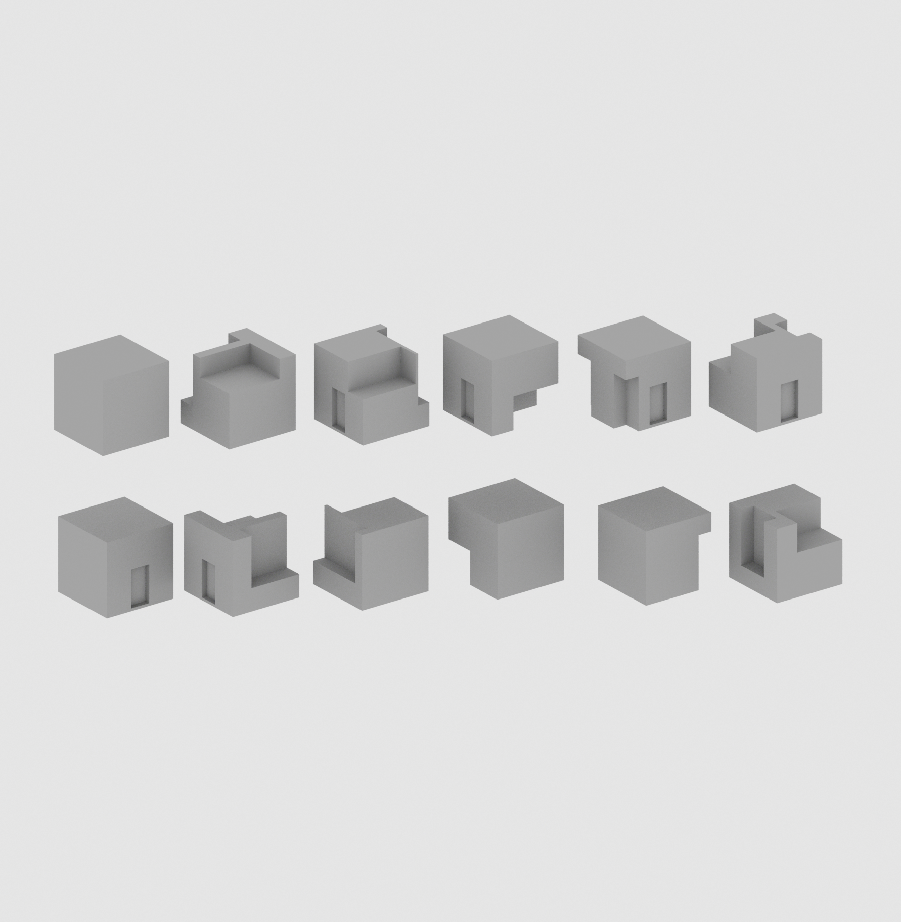Twelve cube form iterations rendered in 3D — exploring different window and door cutout shapes for 3D masking