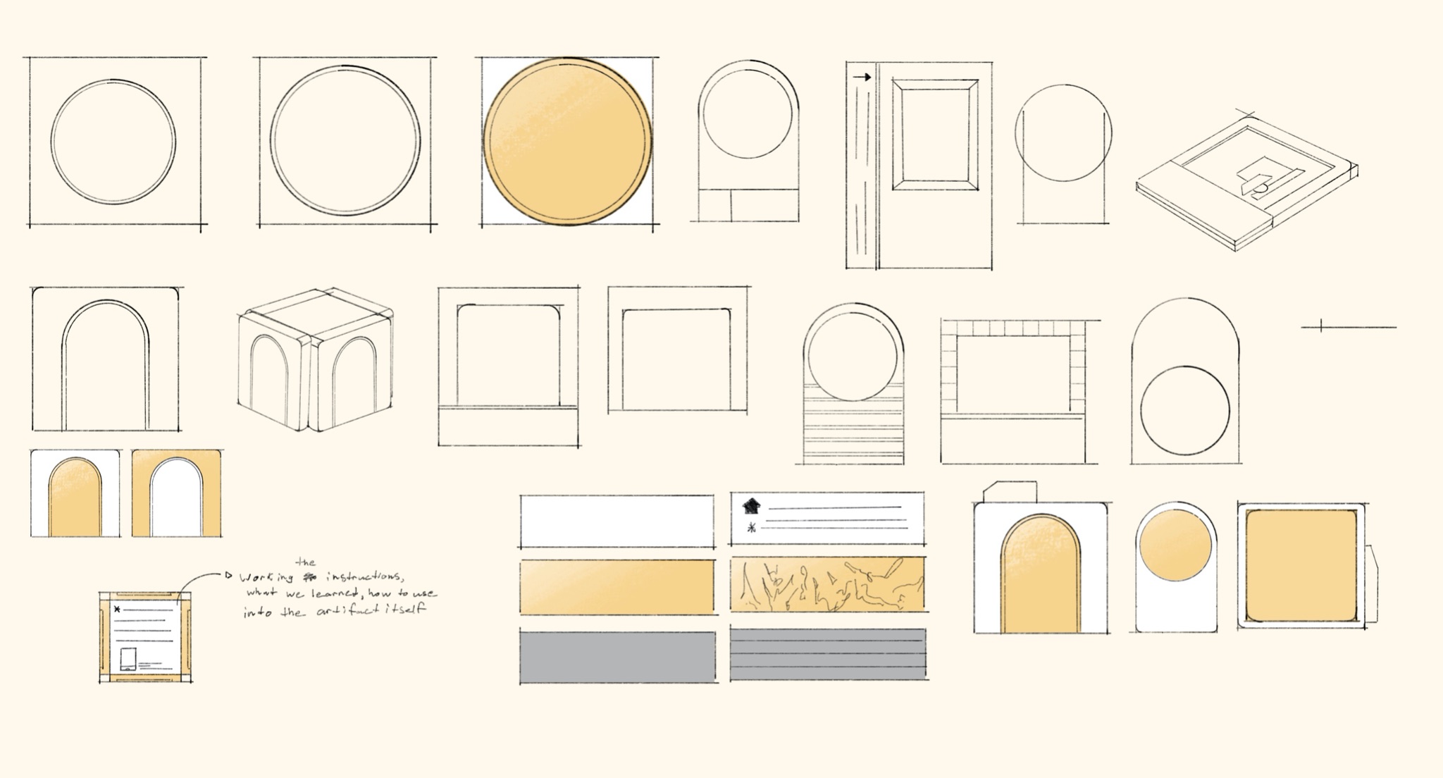 Concept sketches: various AR container shapes, frames, and architectural form explorations