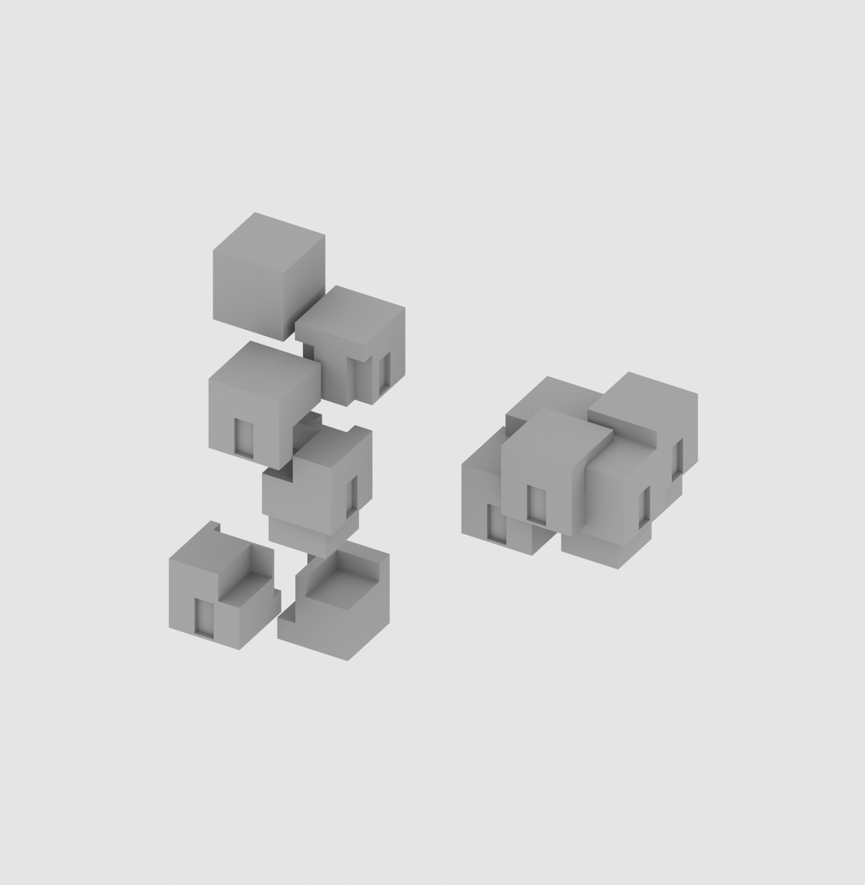 Two rendered cube cluster configurations — modular assembly options for 3D masking prototypes