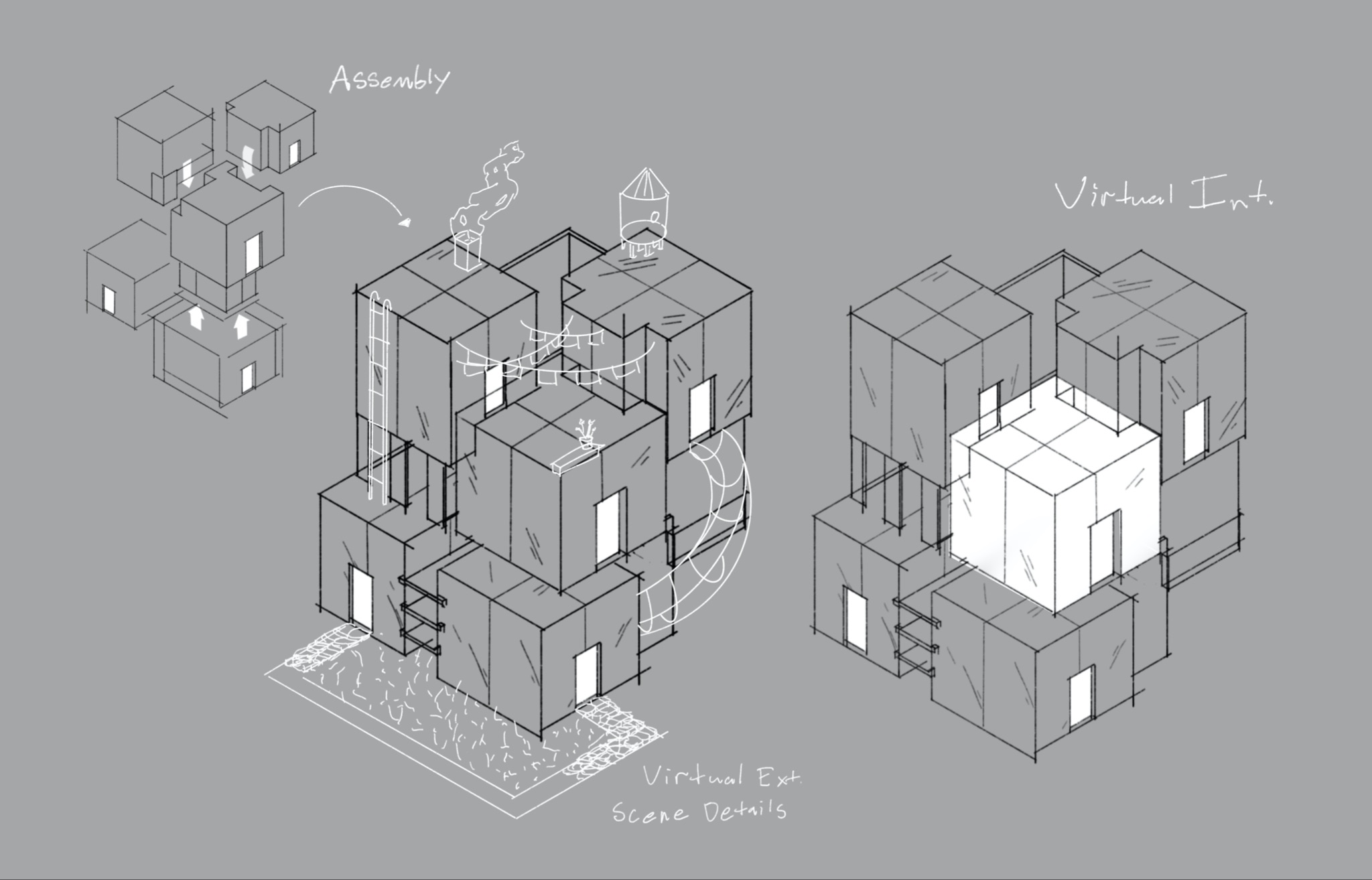 Sketch: modular cube assembly diagram showing how units combine to form a virtual interior structure