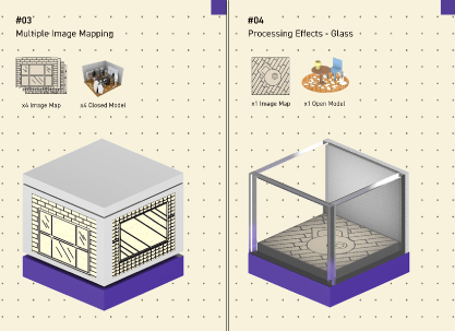 Component diagrams for tool 03 (multiple image mapping) and tool 04 (processing effects glass)