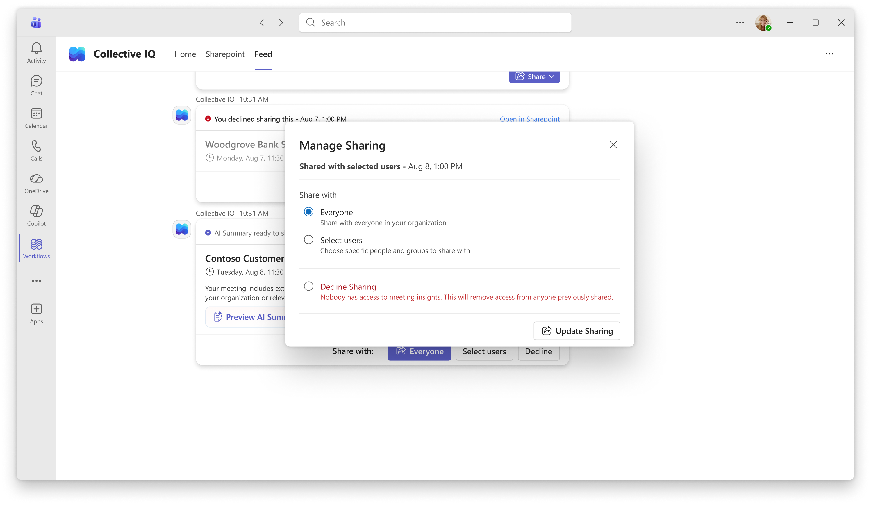 Share actions: share broadly, scope access, or decline