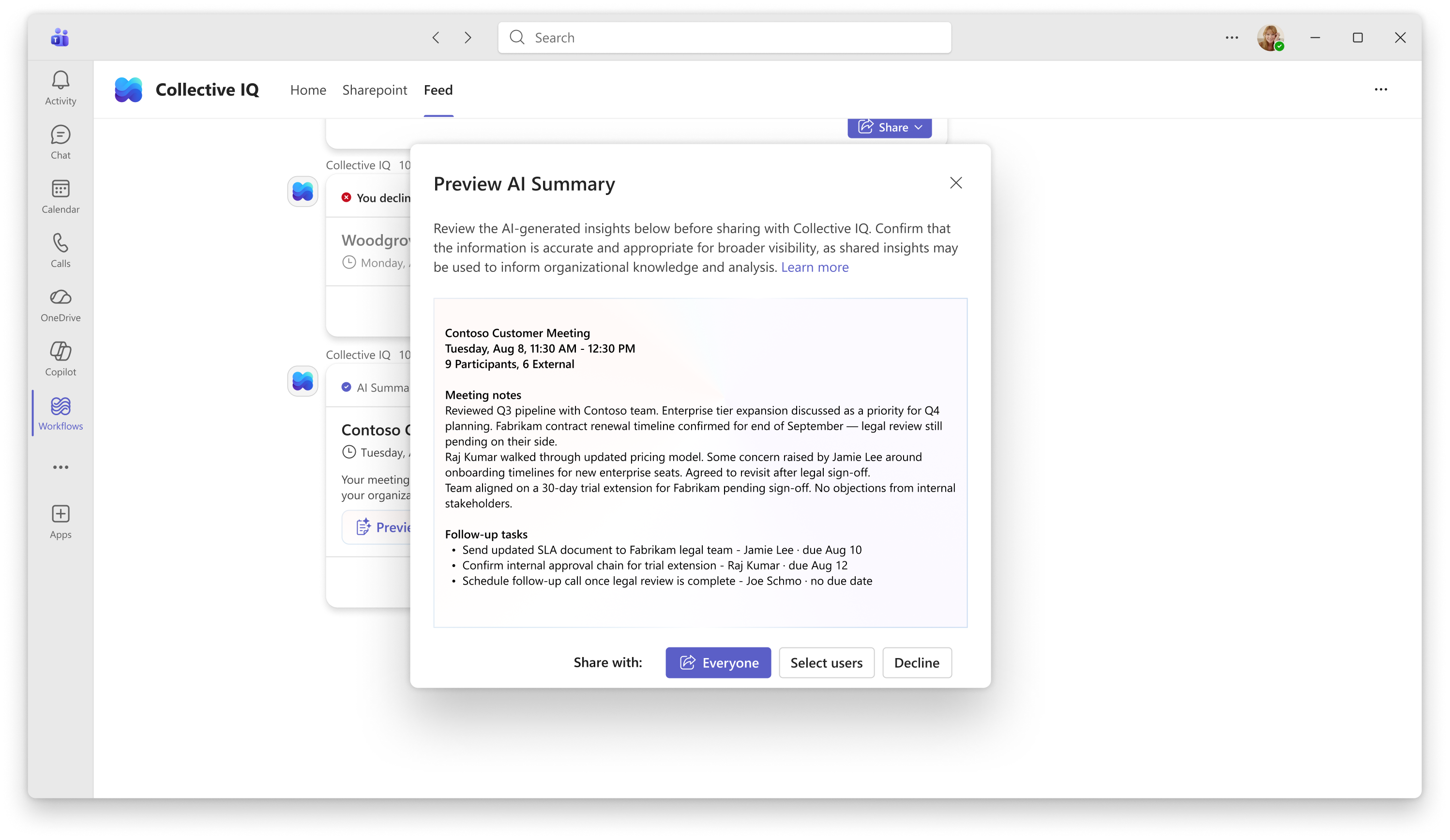 Preview modal: contributor reviews summary before any action