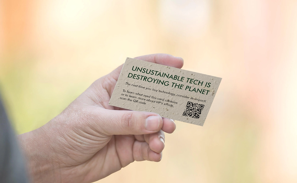 HP seed card with QR code and sustainability messaging