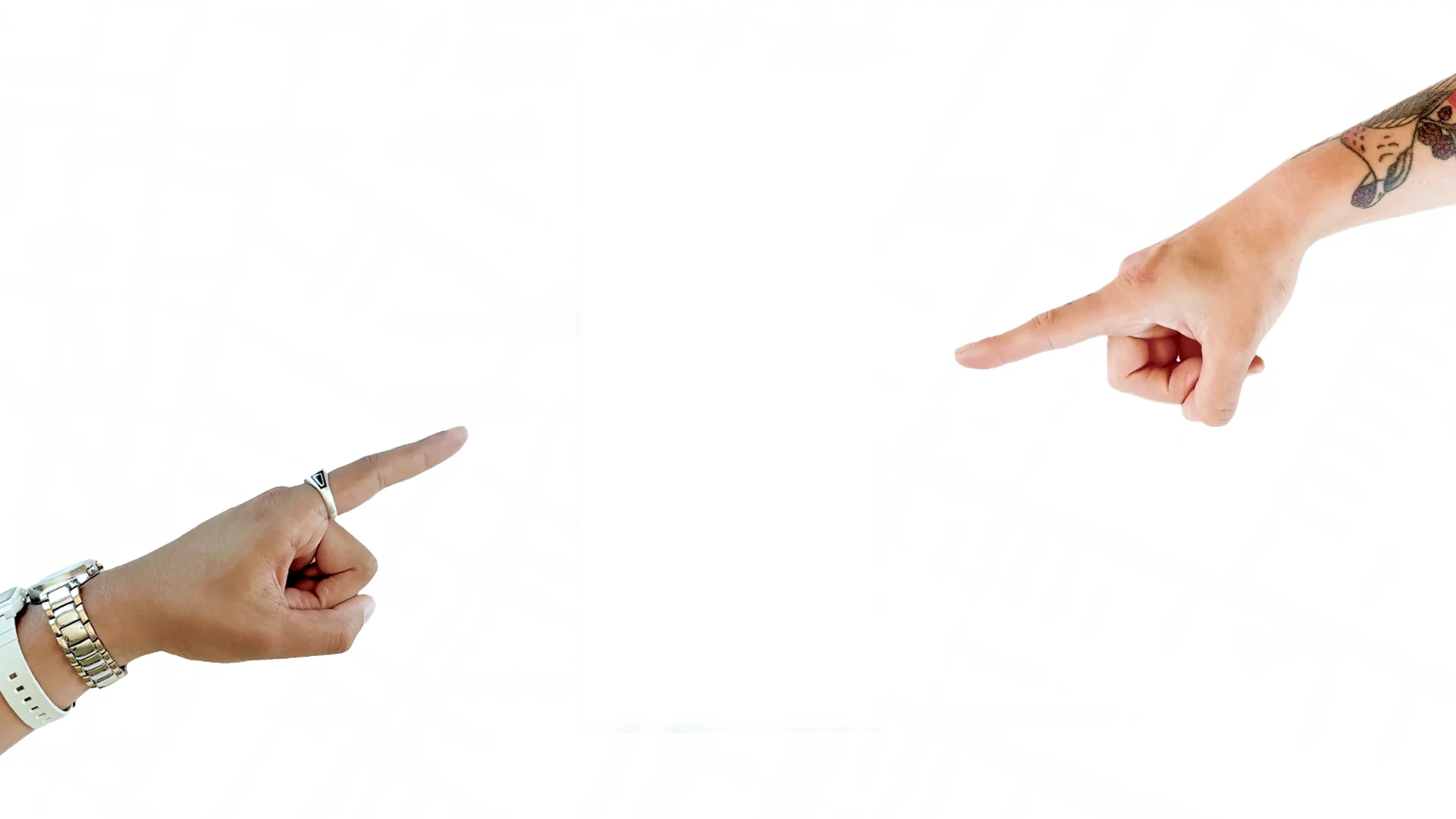 Two hands entering the frame from opposite sides, each pointing toward the other across an empty white gap